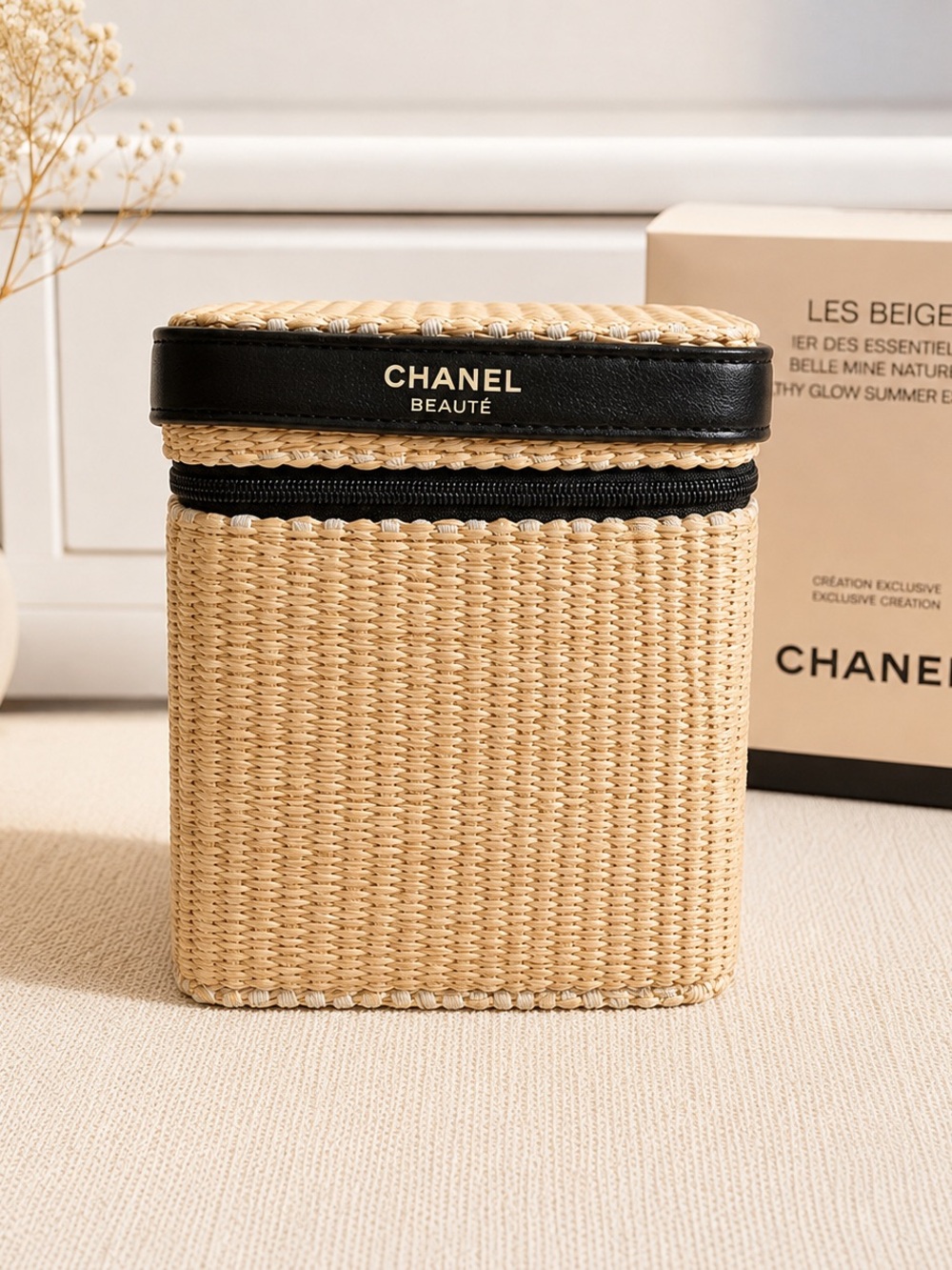CHANEL Beauté Straw Cosmetic Case in Natural and Black